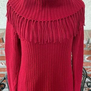 Chico’s Cowl Neck Sweater; Knitted W/Long Fringe Detail; Deep Red; Sz 1 (8/10)